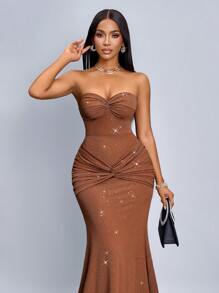 SOLERSUN Winter Clothes For Women Sexy Bodycon Twist Ruched Detail Sparkling Sequins Dress Bodycon Elegant Dress,Suitable For Christmas Party Vacation & Dating