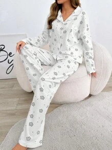 EURMUSE 2Pcs Cotton Button Front Contrast Colour Flower Pattern Homewear PJ Set - Black and White - View 4