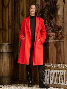 SHEIN LUNE Women's Solid Color Lapel Drop Shoulder Long Sleeve Double-Breasted Elegant Overcoat, Winter Fall Cloth For Women - Red - View 3