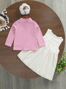 2 piezas Conjunto de vestido de línea A y blusa de cuello alto con bordado floral casual y elegante para niñas bebé, primavera/otoño - Rosa - Ver 2