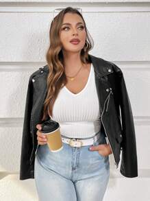 SHEIN Essnce تي شيرت نسائي أساسي أسود قصير الأكمام رقبة على شكل حرف V، من قماش ريب محبك، بتفاصيل شمع للتنحيف، ملائم للعمل والتنقل اليومي، تصميمات محتشمة للنساء بمقاسات كبيرة لموضة الصيف الجديدة لعودة المدرسة والأعمال المكتبية - أبيض - مشاهدة 4