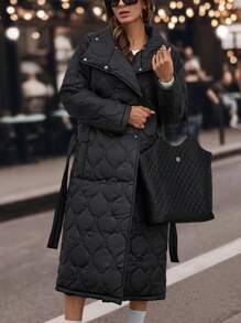 EURMUSE Quilted Belted Long Padded Coat Fashionable - Black - View 5