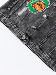 Tween Boy Vintage Street-Style Loose Ripped Distressed Animal Pattern Embroidered Casual Light-Wash Denim Jacket Chic Outfits For Autumn/Winter - Black - View 4