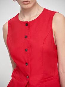 SHEIN LUNE Autumn Casual Linen Blazer Vest And Skirt Set - Red - View 5