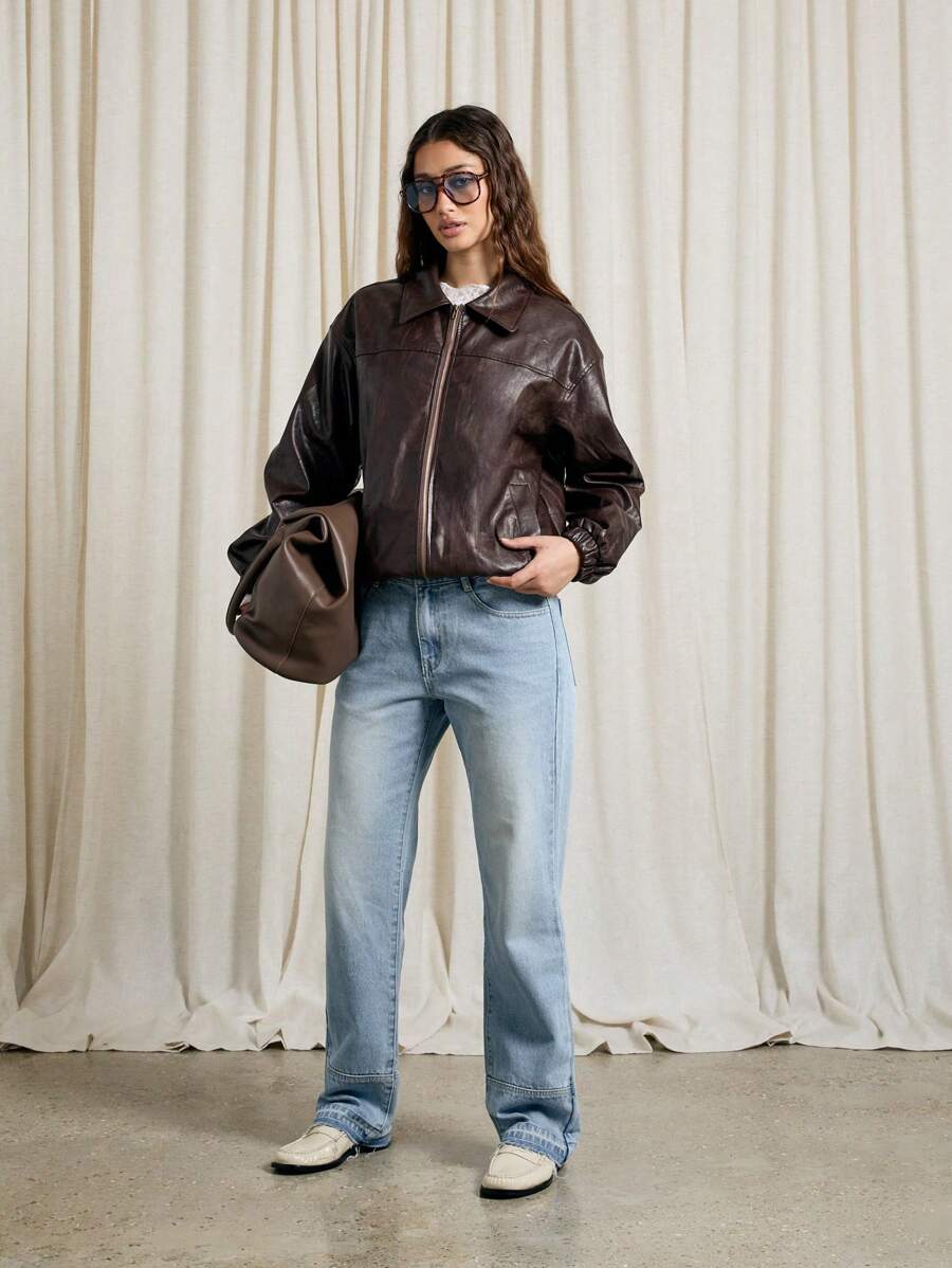 AiiRZ 洗水高腰卷边牛仔裤 - 藍色 - 查看 1