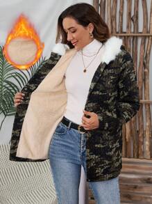 EMERY ROSE 女士迷彩图案长袖保暖内衬连帽宽松常规夹克，冬季 - 軍綠色 - 查看 1