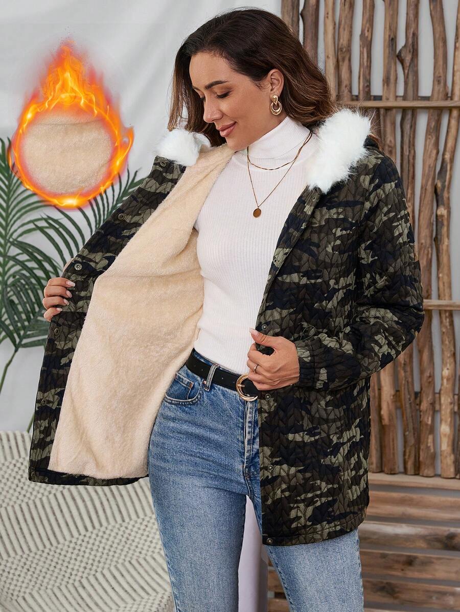 EMERY ROSE 女士迷彩图案长袖保暖内衬连帽宽松常规夹克，冬季 - 軍綠色 - 查看 1