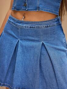 Forever 21 Plus Size Fashion A-Line Pleated Denim Skirt - Blue - View 6