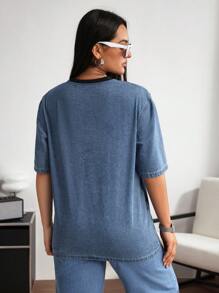 SHEIN EZwear 女士字母贴花牛仔短袖衬衫 - 藍色 - 查看 2