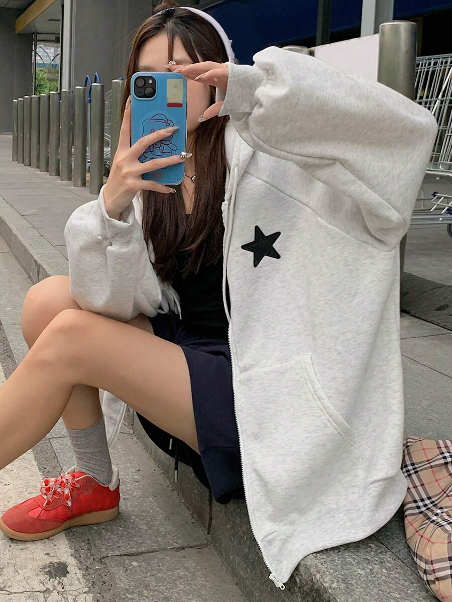 DAZY 女士休闲星星刺绣保暖内衬连帽衫，秋冬 Y2K 长袖上衣拉链夹克 - 淺灰色 - 查看 1