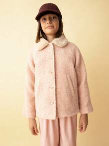 SHEIN Tween Girls Fluffy Collar Ed Casual Jacket With Slanted Pockets And Front Buttons, For Everyday Wear, Autumn/Winter - Pink - View 1