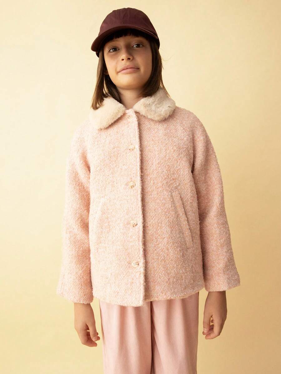 SHEIN Tween Girls Fluffy Collar Ed Casual Jacket With Slanted Pockets And Front Buttons, For Everyday Wear, Autumn/Winter - Pink - View 1