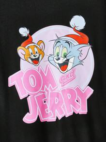 TOM & JERRY X SHEIN Christmas Casual Loose Round Neck Short Sleeve Women T-Shirt, Suitable For Summer - Black - View 4