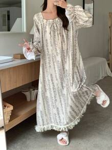 DAZY Floral Print Long Nightgown With Ruffle Hem Tassel Pajama, Moo Moo Sleep Dress, Fall, Winter - Beige - View 3