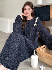 DAZY Sweet Floral Ruffle Trim Patchwork Nightgown Pajama, Moo Moo, For Fall, Winter - Navy Blue - View 7