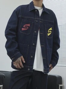Manfinity Roghcode Men's Casual Letter Print Long Sleeve Single-Breasted Pocket Loose Denim Jacket, Autumn - Blue - View 2
