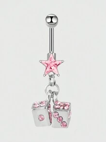 ROMWE Kawaii 1 pieza Anillo de ombligo con colgante de dados con estrella de cinco puntas de acero inoxidable con rhinestones para mujeres - Rosa - Ver 1