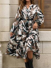 SHEIN LUNE Váy dài tay cổ chữ V in hoa cỡ lớn, viền bèo nhún, họa tiết hoa ngẫu nhiên - Nhiều màu - Xem 1