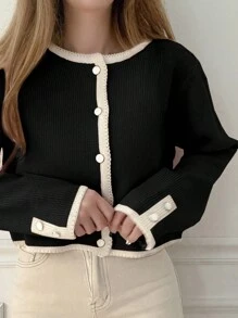 DAZY Women's Colorblock Crew Neck Form-Fitting Cardigan, Autumn,Fall Women Clothes - Black - View 5