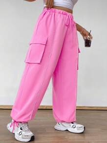 Flirla Plus Size Women's Elastic Waist Drawstring Cargo Pockets Pants With Contrast Trim Fall Cloth For Women - Pink - View 5