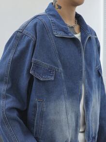 Claim Dot 男士休闲水洗拉链前宽松落肩牛仔夹克，适合秋季 - 中等水洗藍 - 查看 6