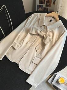 SHEIN Privé Blazer Ukuran Plus Elegan untuk Komuter, Tempat Kerja, Intelektual, Kelas Atas, Minum Teh Sore, Sedikit Seksi, Kencan, Konser, Pesta, dengan Kerah Berpita - Grey - View 5
