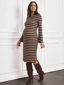 SHEIN MaterniWear Vintage Bell-Sleeve Bodycon Maternity Dress, Autumn - Multicolor - View 3
