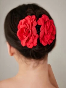 SHEIN MOD 1 pieza Pinza de pelo con forma de flor/rosa seca 3D linda para mujer, color rojo, apta para picnic, vacaciones, escuela, uso casual - Rojo - Ver 1
