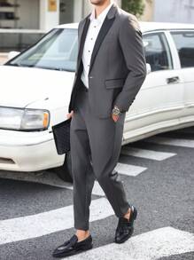 Manfinity Mode Plus Size Men 2pcs/Set Color Block Lapel Jacket And Trousers Suit - Dark Grey - View 6