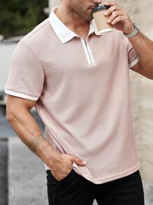 Manfinity Homme Plus Size Men's Contrast Color Half Zip Up Collar Polo Shirt, Summer, Going Out