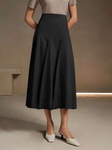 Anewsta Solid Color Asymmetrical Pleated Elegant Office Skirt For Women Maxi Women Outfit