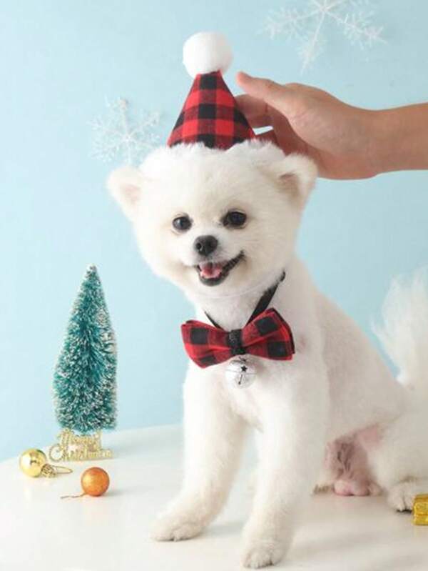 PETSIN 1set/2pcs Christmas Pet Holiday Hat Set - Plaid Bib With Bell For Cats And Pointed Hat For Dogs