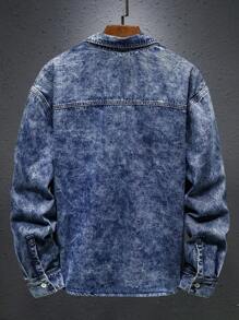 Manfinity Homme Plus Size Men's Light Blue Washed Snow Flower Loose Casual Denim Shirt - Light Wash - View 2