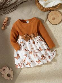 SHEIN Vintaside Kids 女婴休闲花卉和蝴蝶印花连衣裙，多件装，适合分层穿着或户外玩耍，秋冬季 - 棕色 - 查看 1