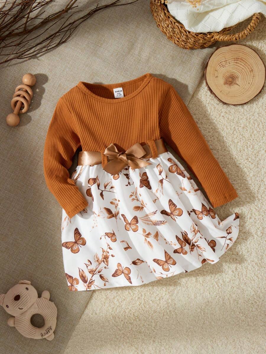 SHEIN Vintaside Kids 女婴休闲花卉和蝴蝶印花连衣裙，多件装，适合分层穿着或户外玩耍，秋冬季 - 棕色 - 查看 1