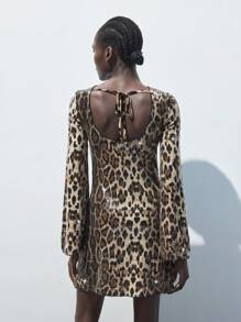 SHEIN Maija Damen Midi Kleid mit Leoparden Muster, paillettenbesetzt, lange Ärmel, tailliert, elegant für Schulanfang, Ferien, Party, Stadtreisen - Neuankömmling Herbst Winter