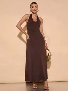 SHEIN BAE 女式露背长款紧身连衣裙，秋冬季纯卡其色、咖啡色、棕色连衣裙，适合分层搭配、鸡尾酒会、浪漫约会、正式聚会、婚礼伴娘、夜间外出、万圣节、圣诞节