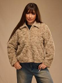 Forever 21 Plus Size Fluffy Women's Fluffy Zip-Up Warm Coat, Autumn And Winter - Camel - View 5