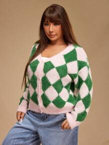 Forever 21 Plus Size Women Casual Dropped Shoulder Loose Checker Pattern Fluffy Knit Button Front Cardigan - Multicolor - View 7