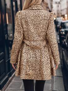 SHEIN Clasi Abrigo largo elegante de manga larga con cinturón y estampado de leopardo para mujer