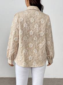 Flirla Plus Size Full Print Front Button Elegant Ladies Long Sleeve Blouse Women Shirt - Apricot - View 2