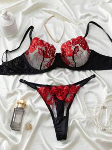 Set de 2 piezas de lencería de moda con bordado floral de malla para mujeres
