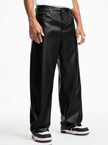 Manfinity RebelGame Men's Loose Straight Leg Brazilian Leather Pants, Going Out Plain Baggy Slacks Black Pants, For Husband, Boyfriend Gifts - Black - View 3