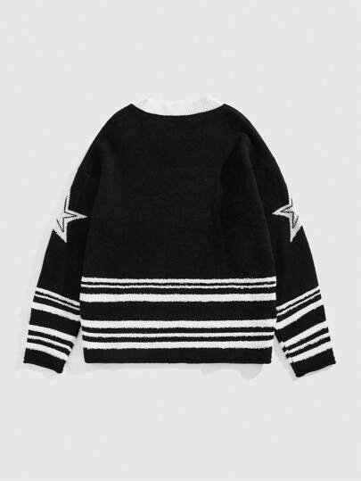 Street Life Men's Solid Color Patchwork V-Neck Casual Long Sleeve Sweater
