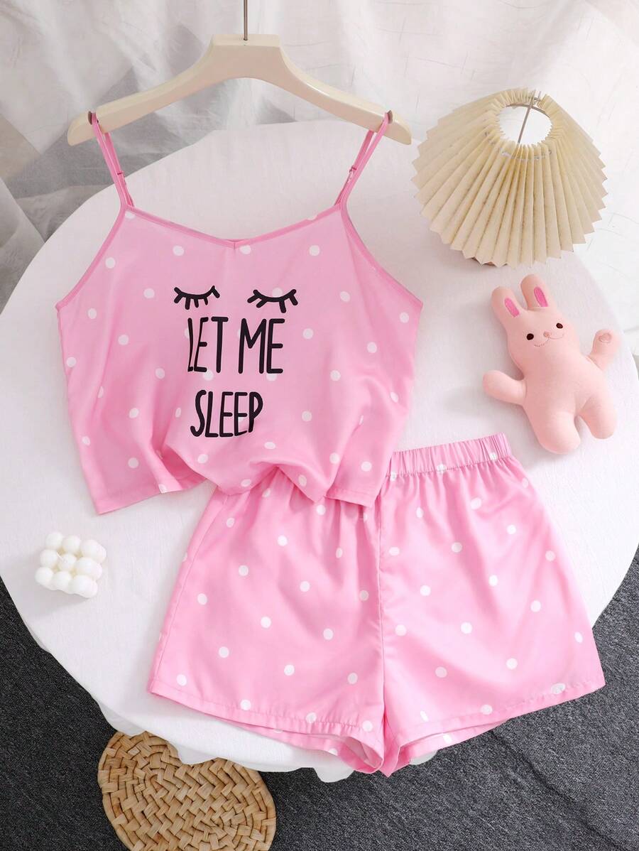 SHEIN 2 件套青少年女孩可爱简约字母波尔卡圆点图案吊带背心上衣和短裤休闲柔软睡衣套装 - 粉色 - 查看 1