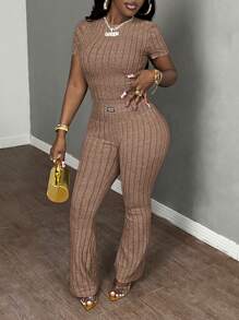 Slaydiva Bộ 2 áo thun tay ngắn bó sát có gân mùa hè và quần ống loe - Màu Khaki - Xem 6