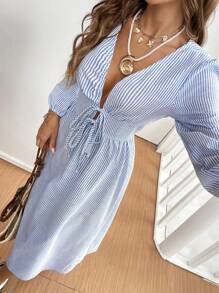 SHEIN Frenchy 女士前系带长袖条纹连衣裙，休闲日常穿着 - 藍白色 - 查看 6