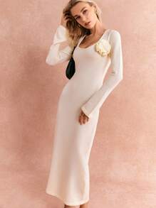 SHEIN Frenchy Vestido de punto para mujer con decoración de flores, vestido de punto blanco con decoración floral 3D, vestido de punto elegante, ropa de punto otoño/invierno 2024, ropa de invierno, vestido de punto, vestido blanco, vestido de punto de manga larga, vestido vintage, vestido de noche, vestido elegante, vestidos de mujer 2024 otoño/invierno