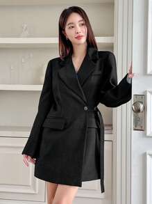 DAZY Blazer suelto con diseño de hebilla asimétrica lateral para mujer, ropa de otoño para vestimenta de negocios - Negro - Ver 5