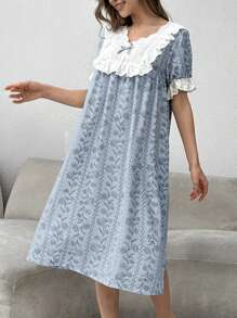 CottageSlumber Color Blocking Ruffle Patchwork Floral Print Short Sleeve Nightgown Babydoll For Women Perfect Summer, Moo Moo - Blue - View 3